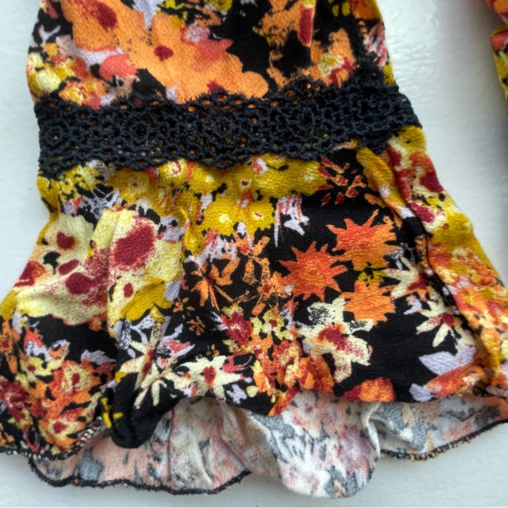 Intimately Free People orange & black long sleeve floral bodysuit w/ black lace - Picture 4 of 11
